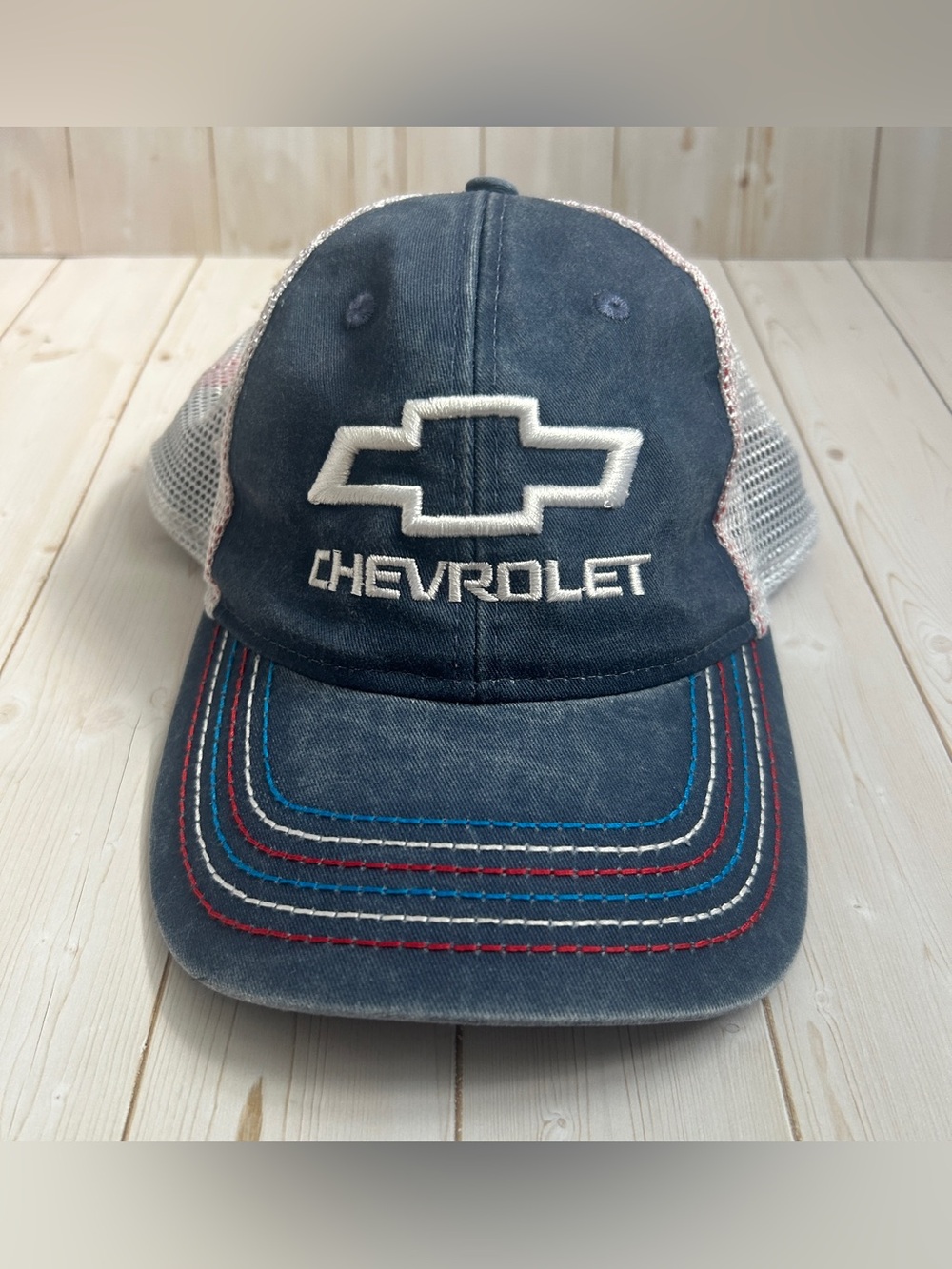 Women's Chevy Trucker Hat with pony tail cut out Chevrolet Logo Denim NWOT